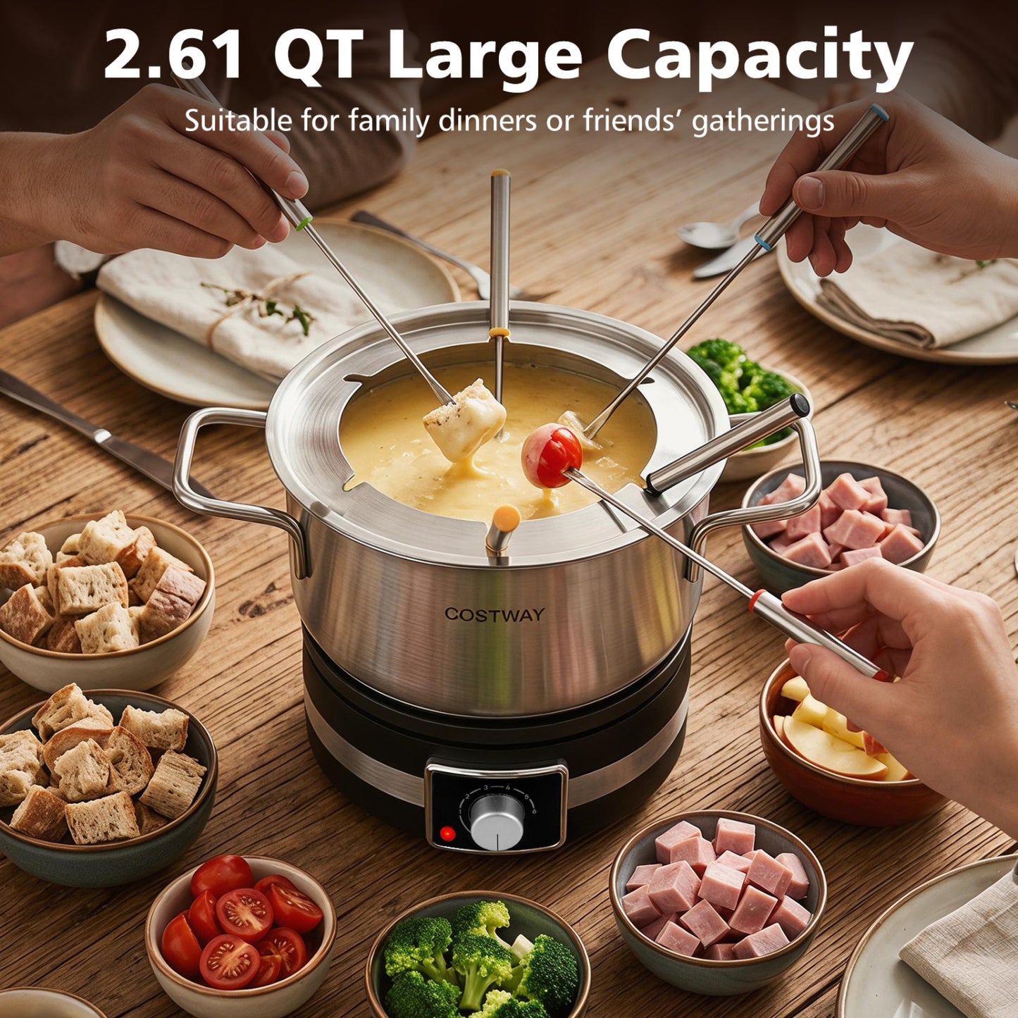 1200W Electric Fondue Pot Set with Removable Stainless Steel Pot and 6 Forks