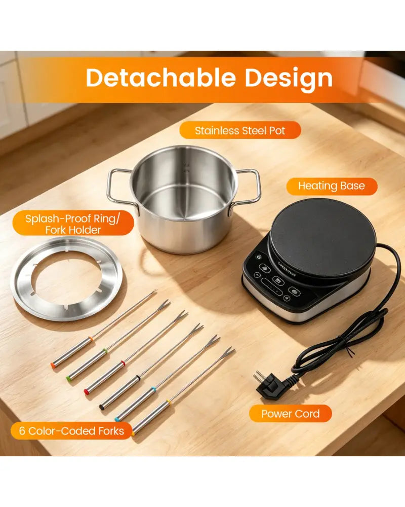1200W Electric Fondue Pot Set with 3 L Removable Pot 6 Color-Coded Fork - Small Appliances