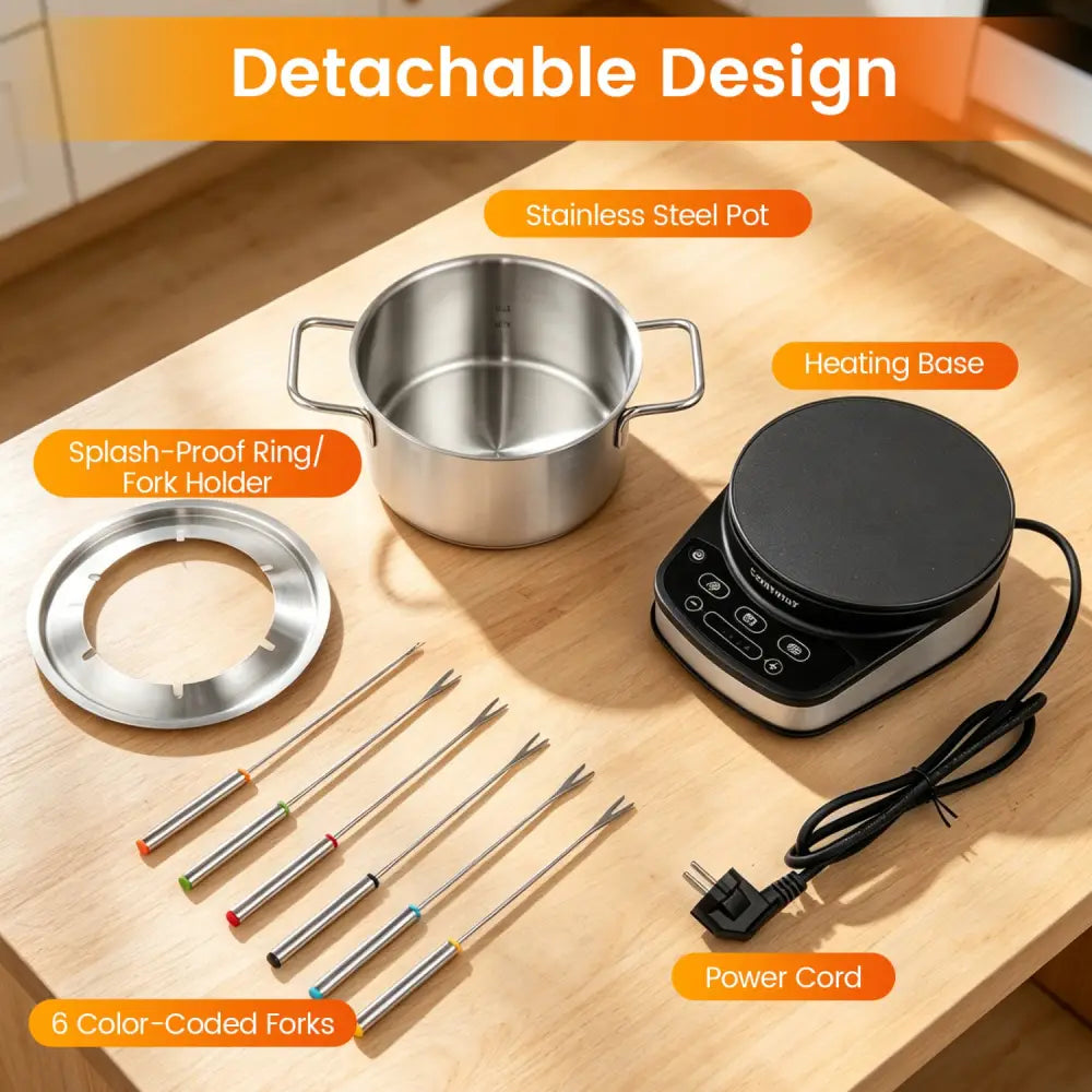 1200W Electric Fondue Pot Set with 3 L Removable Pot 6 Color-Coded Fork - Small Appliances