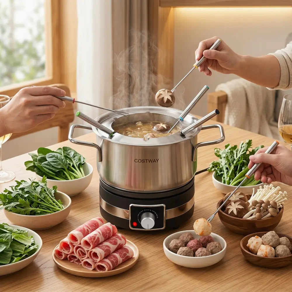 1200W Electric Fondue Pot Set with Removable Stainless Steel Pot and 6 Forks - Small Appliances