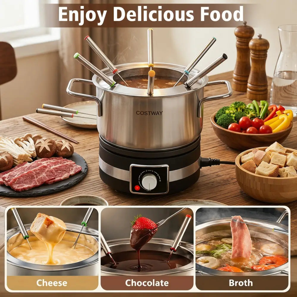 1200W Electric Fondue Pot Set with Removable Stainless Steel Pot and 6 Forks - Small Appliances