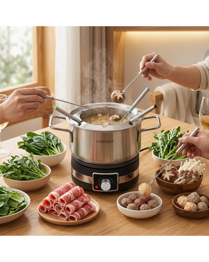 1200W Electric Fondue Pot Set with Removable Stainless Steel Pot and 6 Forks - Small Appliances