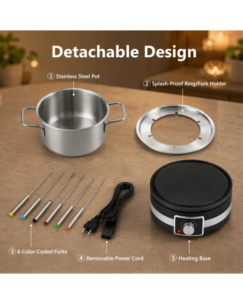1200W Electric Fondue Pot Set with Removable Stainless Steel Pot and 6 Forks - Small Appliances