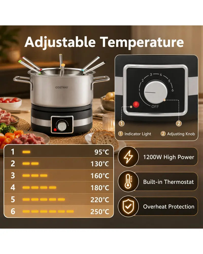 1200W Electric Fondue Pot Set with Removable Stainless Steel Pot and 6 Forks - Small Appliances