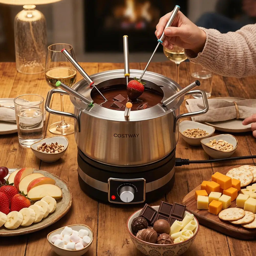 1200W Electric Fondue Pot Set with Removable Stainless Steel Pot and 6 Forks - Small Appliances