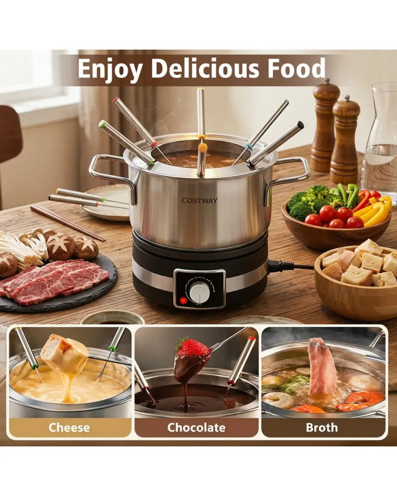 1200W Electric Fondue Pot Set with Removable Stainless Steel Pot and 6 Forks - Small Appliances