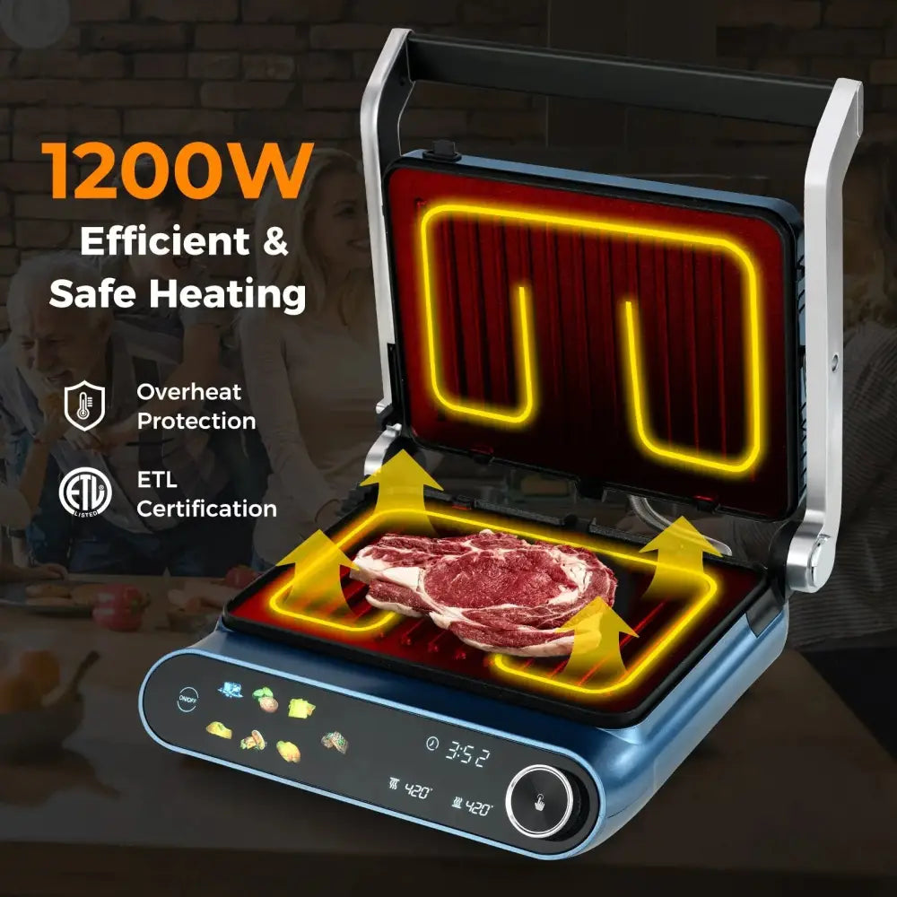 1200W Panini Press Grill with LED Display and 7 Grilling Modes-Blue Costway