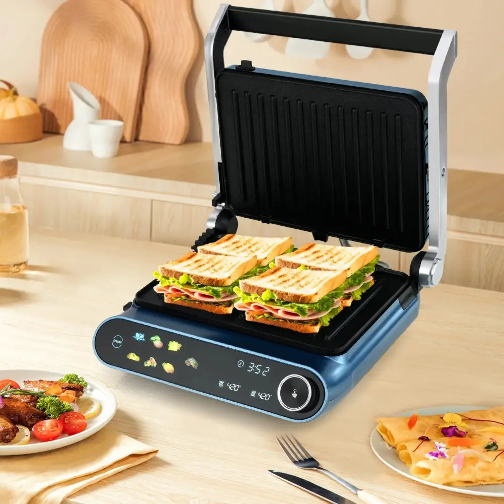 1200W Panini Press Grill with LED Display and 7 Grilling Modes-Blue Costway