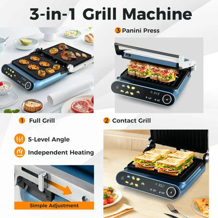 1200W Panini Press Grill with LED Display and 7 Grilling Modes-Blue Costway