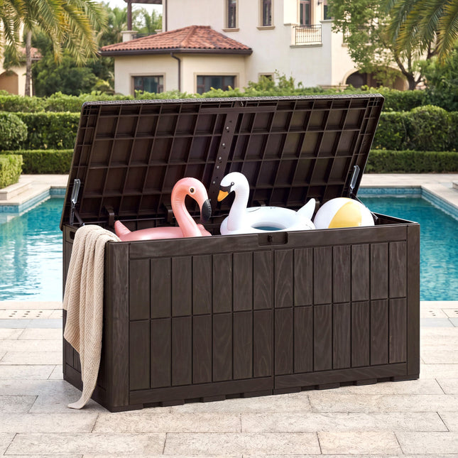 120 Gal Outdoor Deck Box with Lid and Handles for Garden Tools-Brown