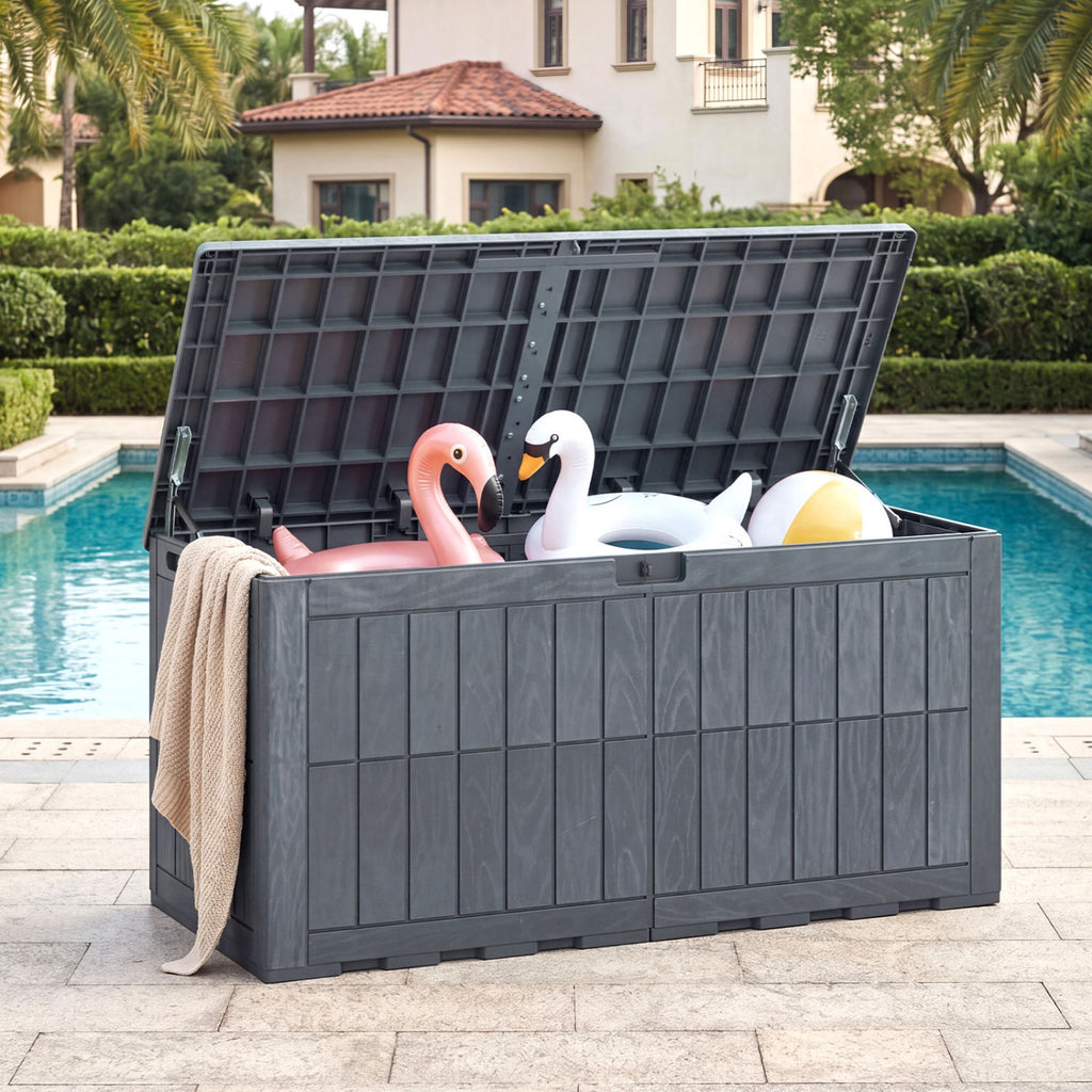 Coffre de rangement extérieur de 454 L avec couvercle et poignées pour outils de jardin – Gris