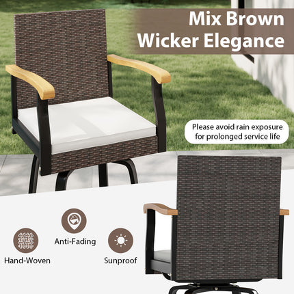 Set of 2 Outdoor 360° Swivel Bar Stool with Cushion and Acacia Wood Armrests