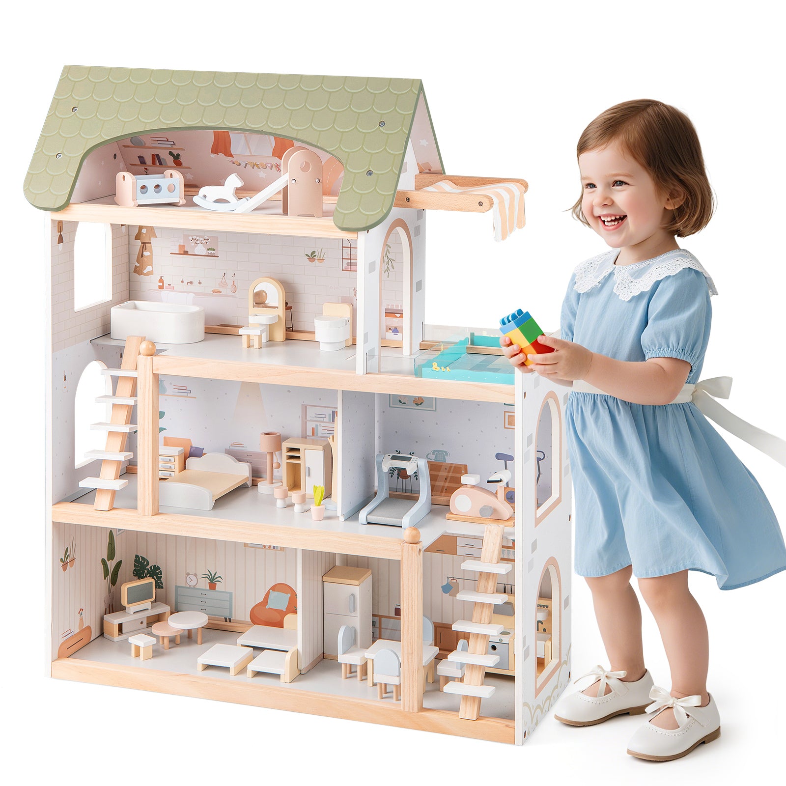 Wooden Dollhouse Kids DIY Pretend Playhouse with 33 PCS Furniture Accessories-Green