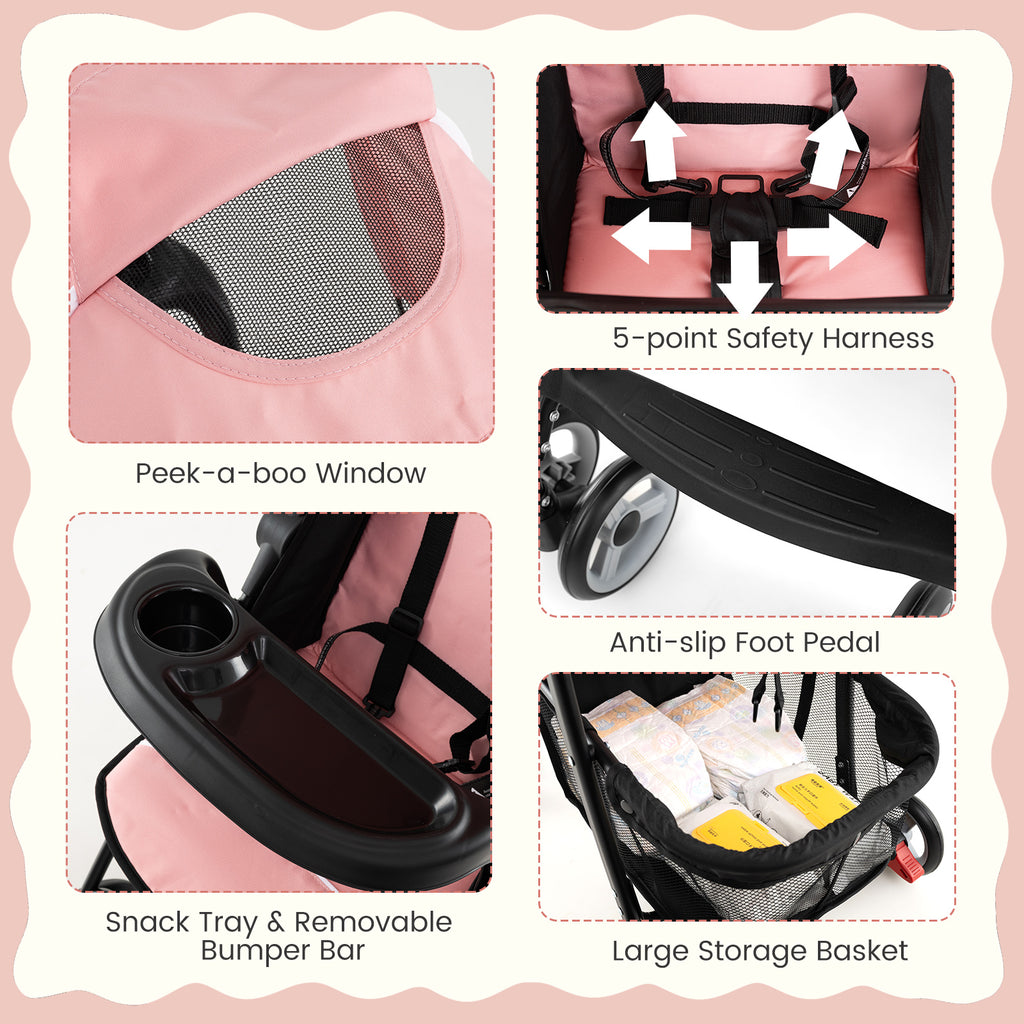 Toddler Travel Stroller for Airplane with Canopy and Adjustable Backrest-Pink