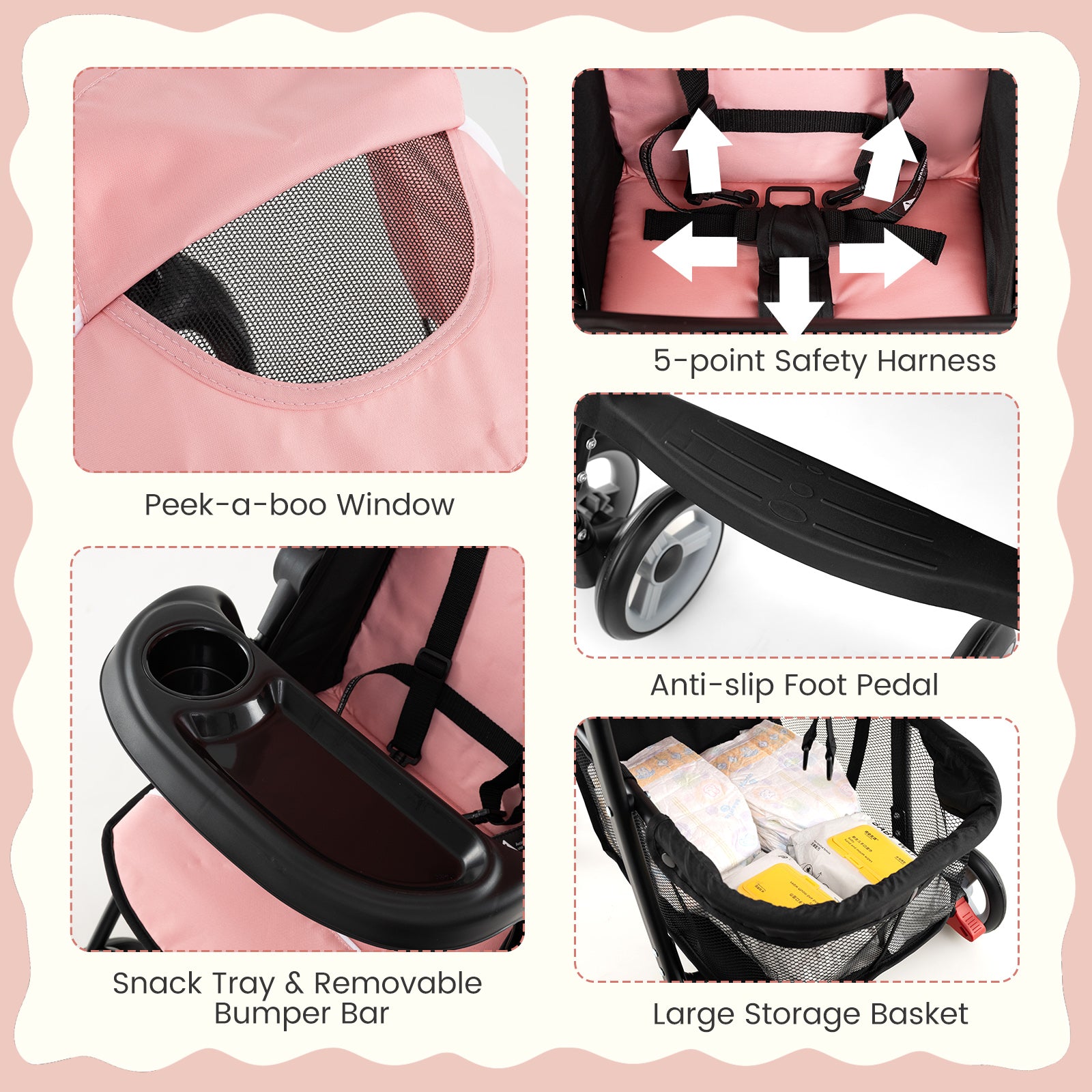 Toddler Travel Stroller for Airplane with Canopy and Adjustable Backrest-Pink