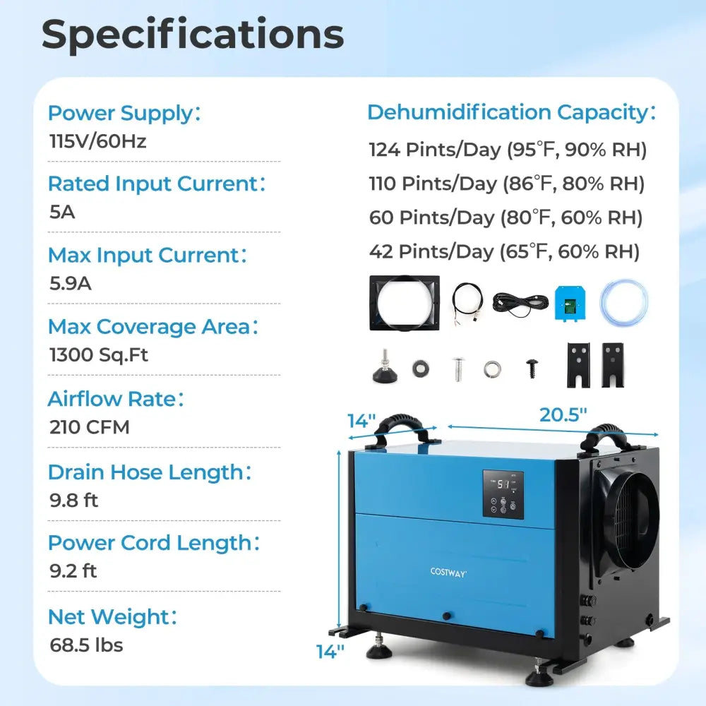 124 Pint Crawl Space Dehumidifier with 3 Modes and 24H Timer-Blue - Blue - Dehumidifiers