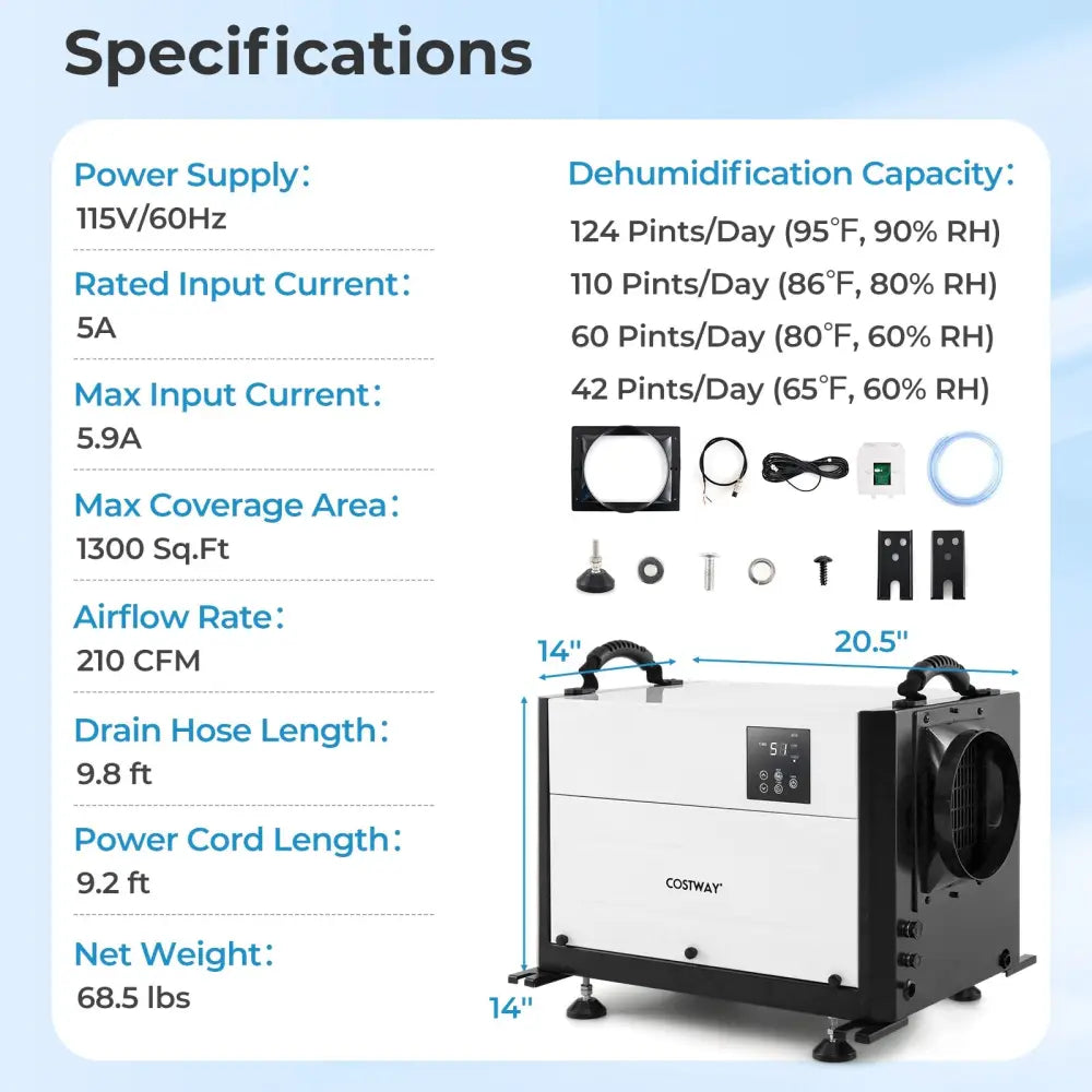 124 Pint Crawl Space Dehumidifier with 3 Modes and 24H Timer-White - White - Dehumidifiers