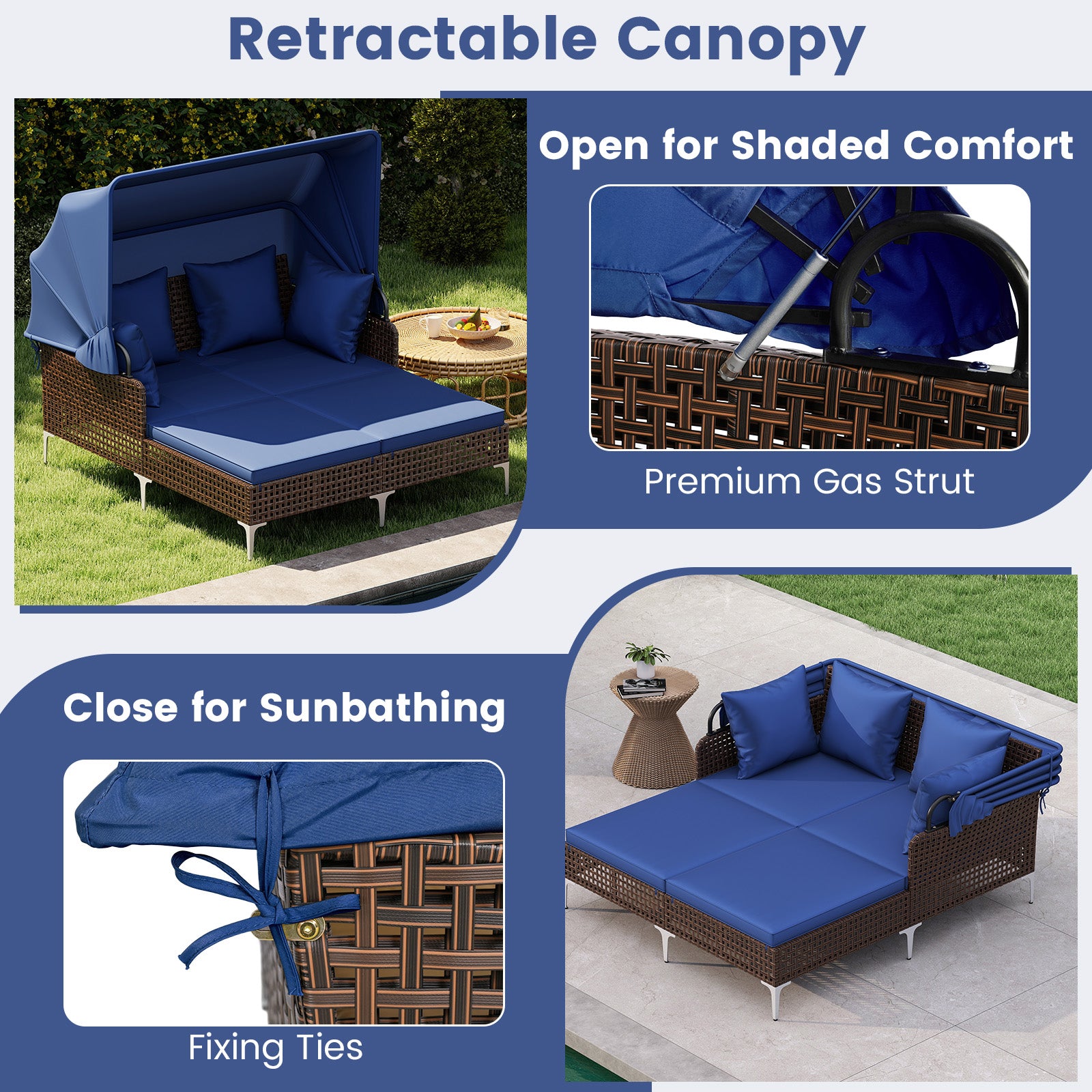 Outdoor Daybed with Retractable Canopy PE Wicker Rattan Patio Lounger-Navy
