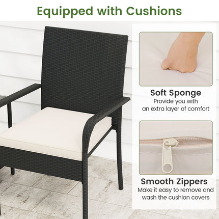 3 Piece Patio Furniture Set with Seat Cushions and Tempered Glass -White