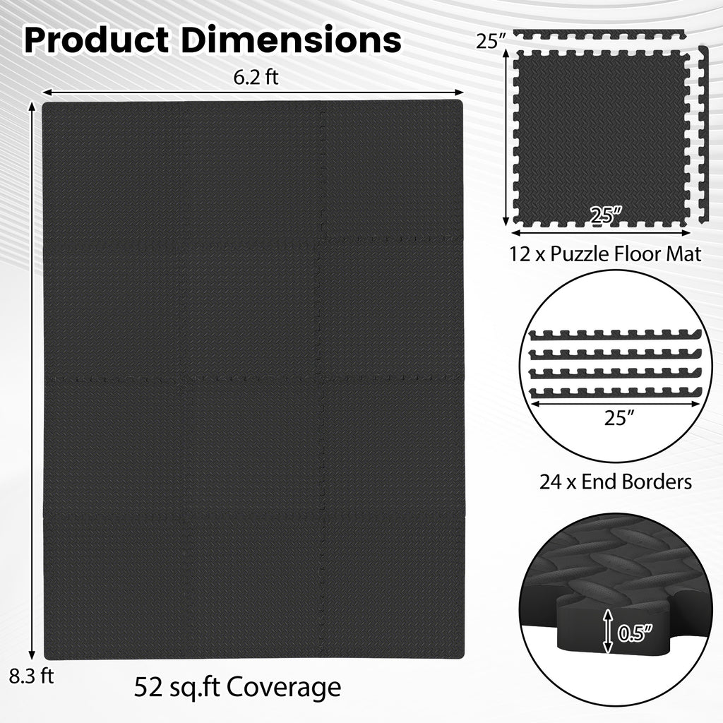 12Tiles 1/2" Puzzle Exercise Floor Mats-Black