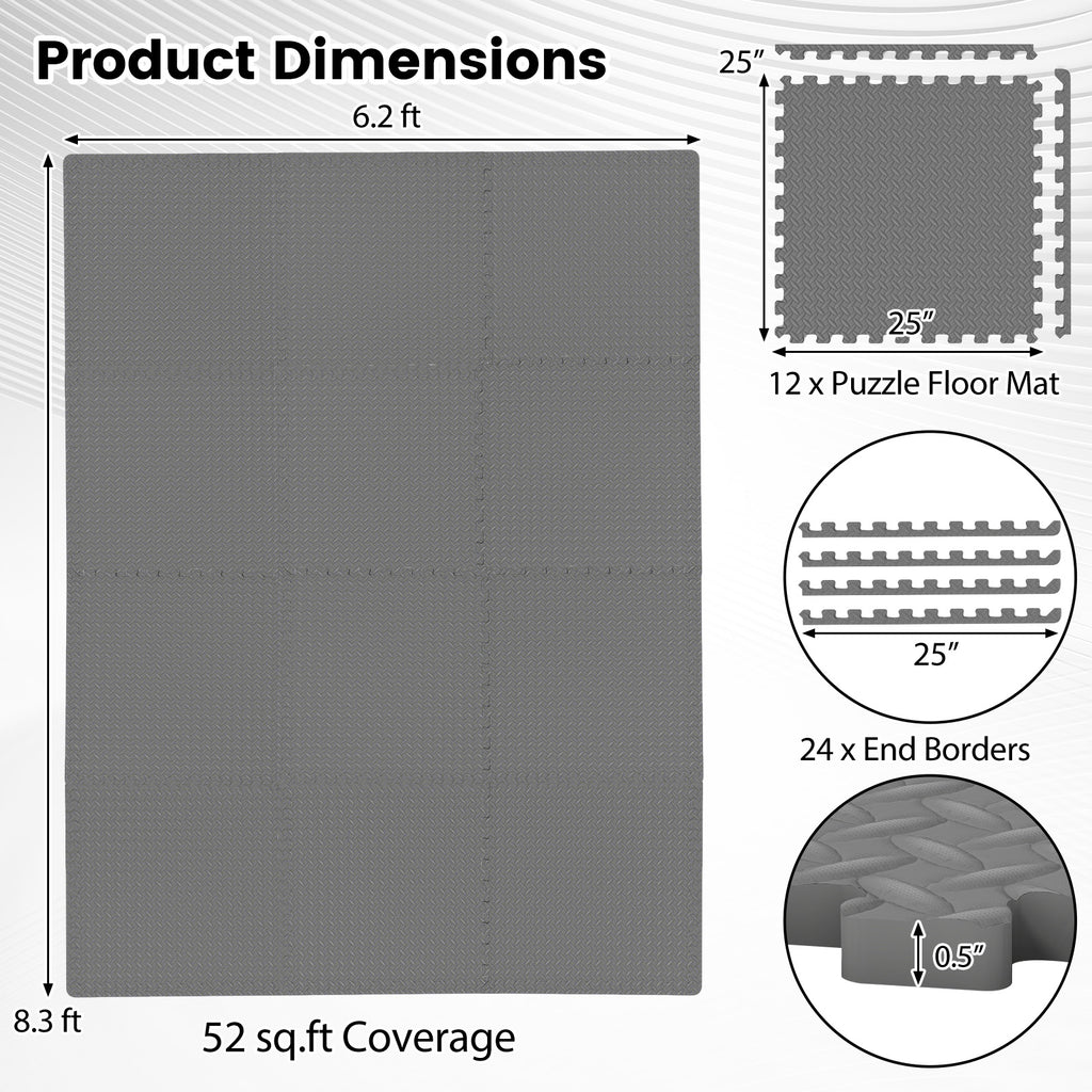12Tiles 1/2" Puzzle Exercise Floor Mats-Gray