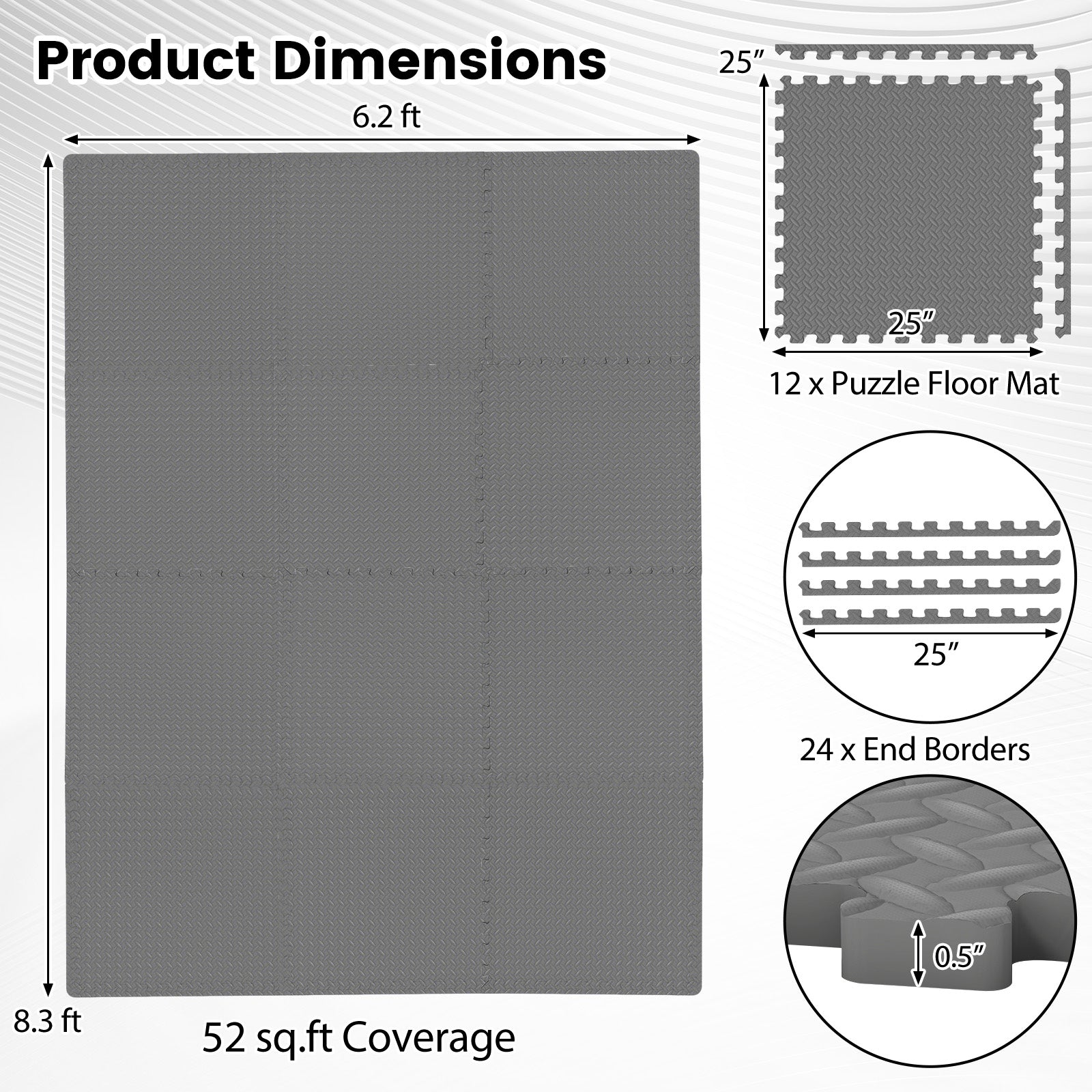 12Tiles 1/2" Puzzle Exercise Floor Mats-Gray
