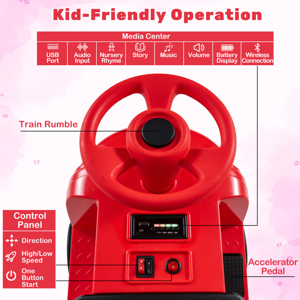12V 2-Seater Kids Ride on Train with Height Adjustable Seat and Music Licensed Chuggington-Red