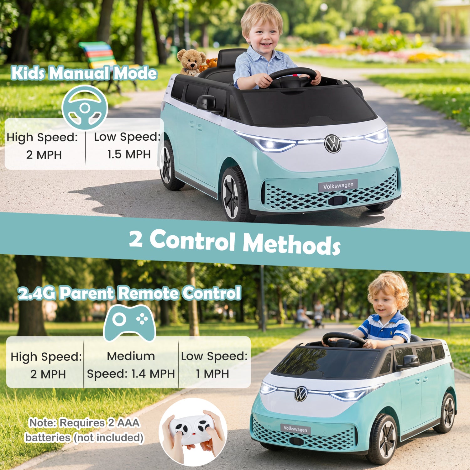 12V Kids Electric Car Bus with Music and LED Headlights Licensed Volkswagen-Blue