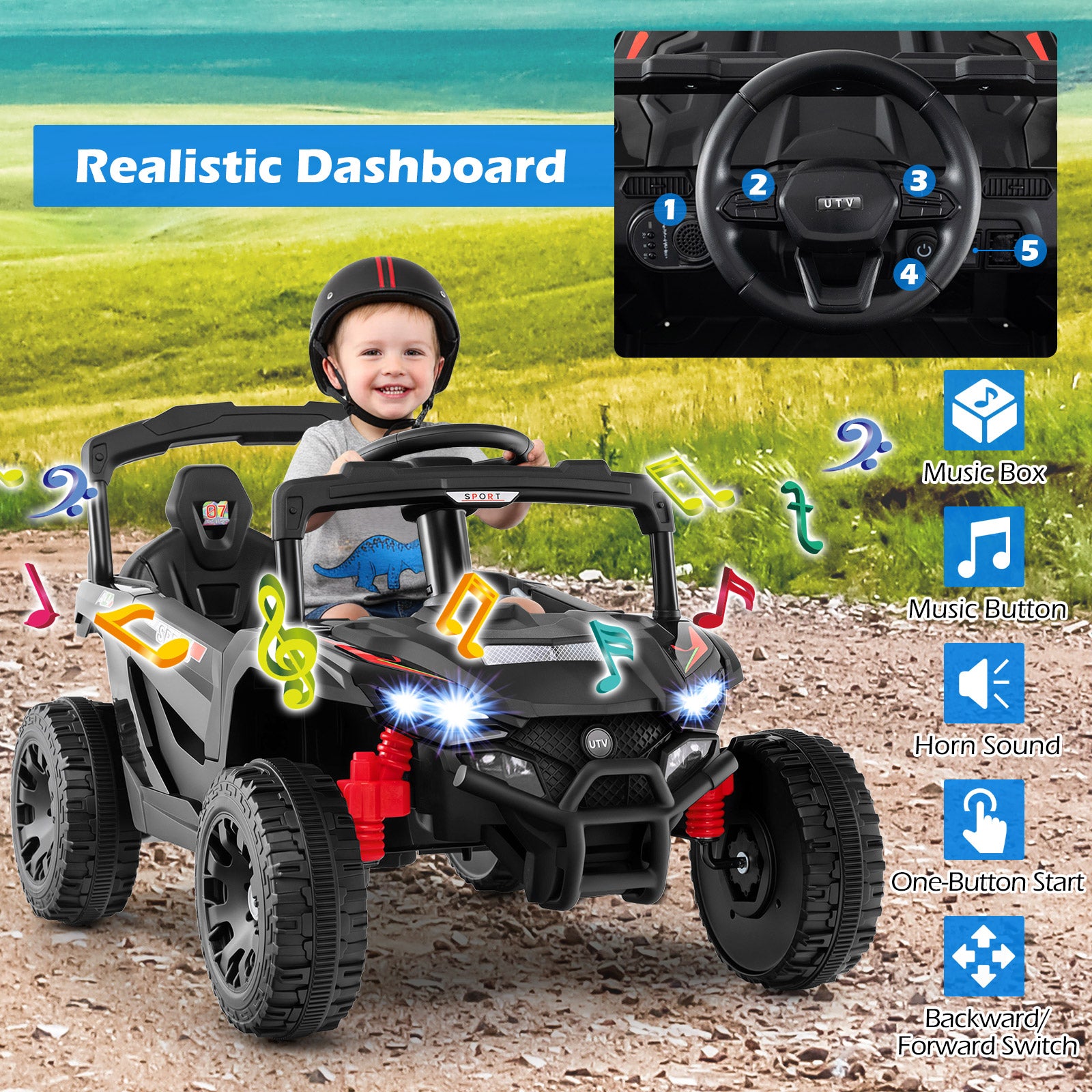 12V Kids Ride On Car UTV Electric Vehicle with LED Lights  Music and Horn-Black
