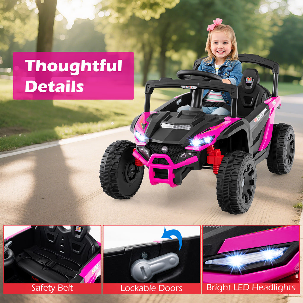 12V Kids Ride On Car UTV Electric Vehicle with LED Lights  Music and Horn-Hot Pink