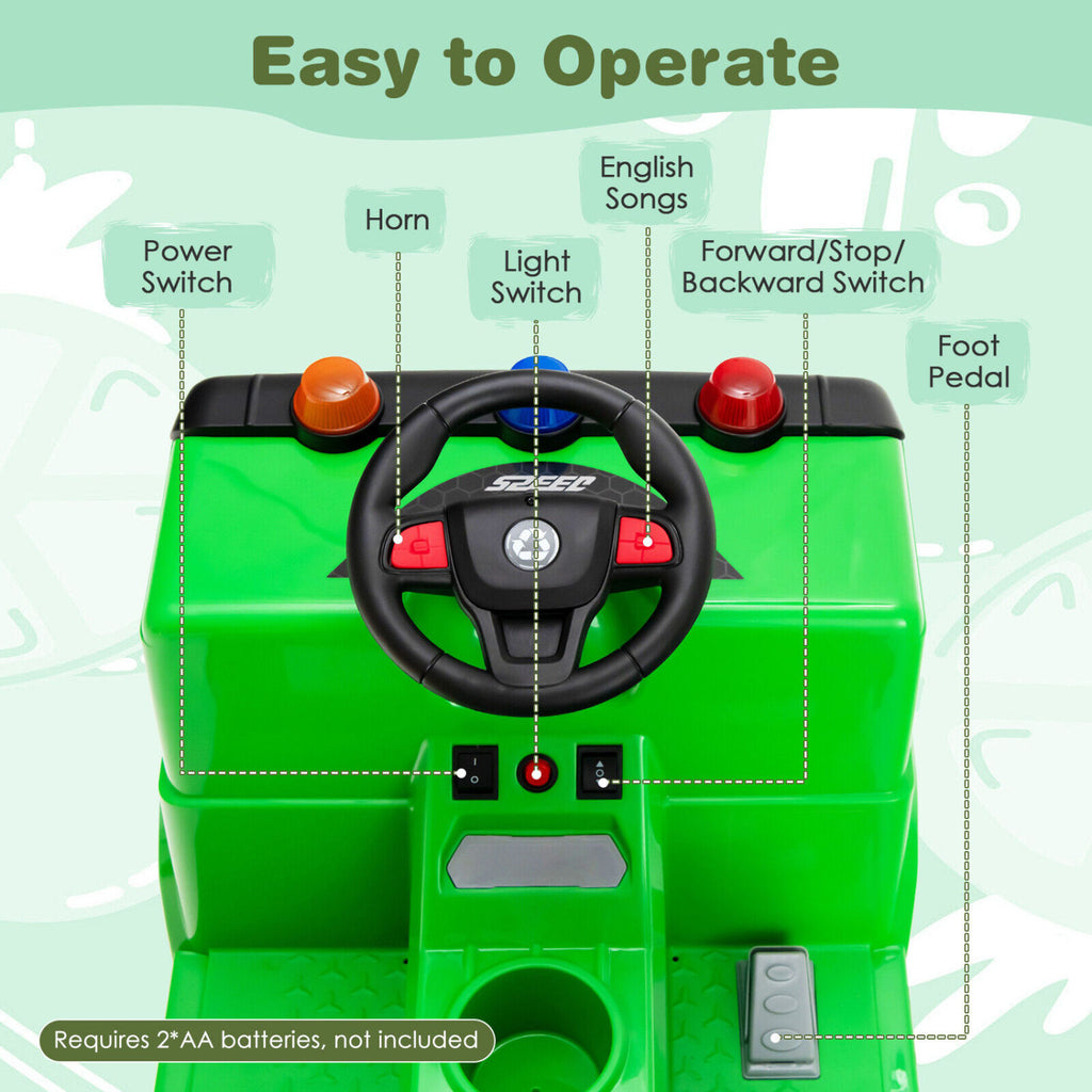 12V Kids Ride-on  Garbage Truck with Warning Lights and 6 Recycling Accessories-Green