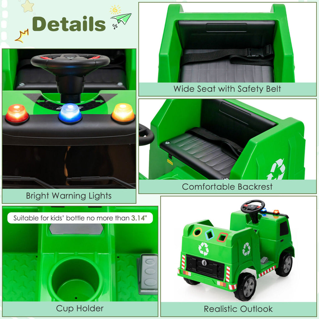 12V Kids Ride-on  Garbage Truck with Warning Lights and 6 Recycling Accessories-Green