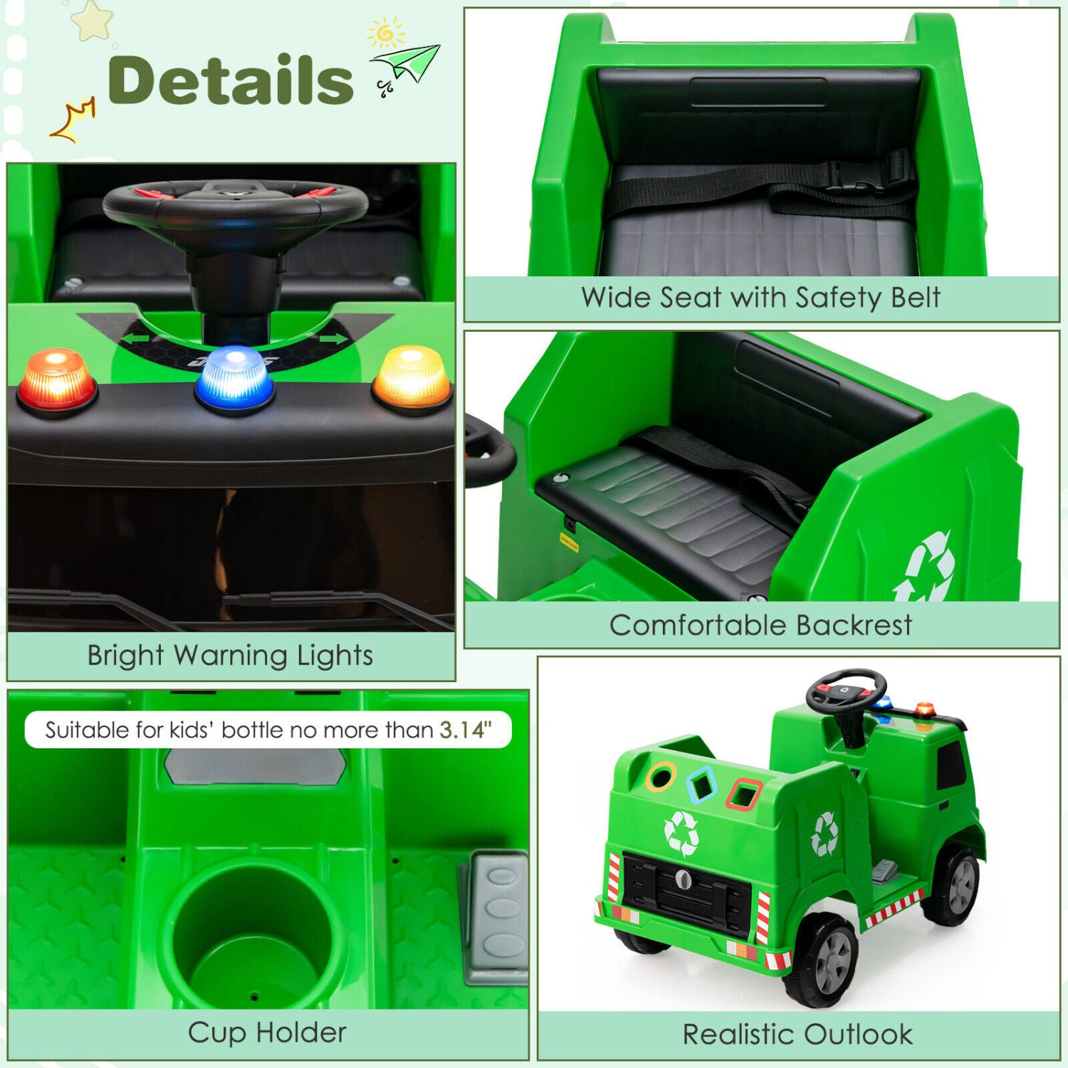 12V Kids Ride-on  Garbage Truck with Warning Lights and 6 Recycling Accessories-Green