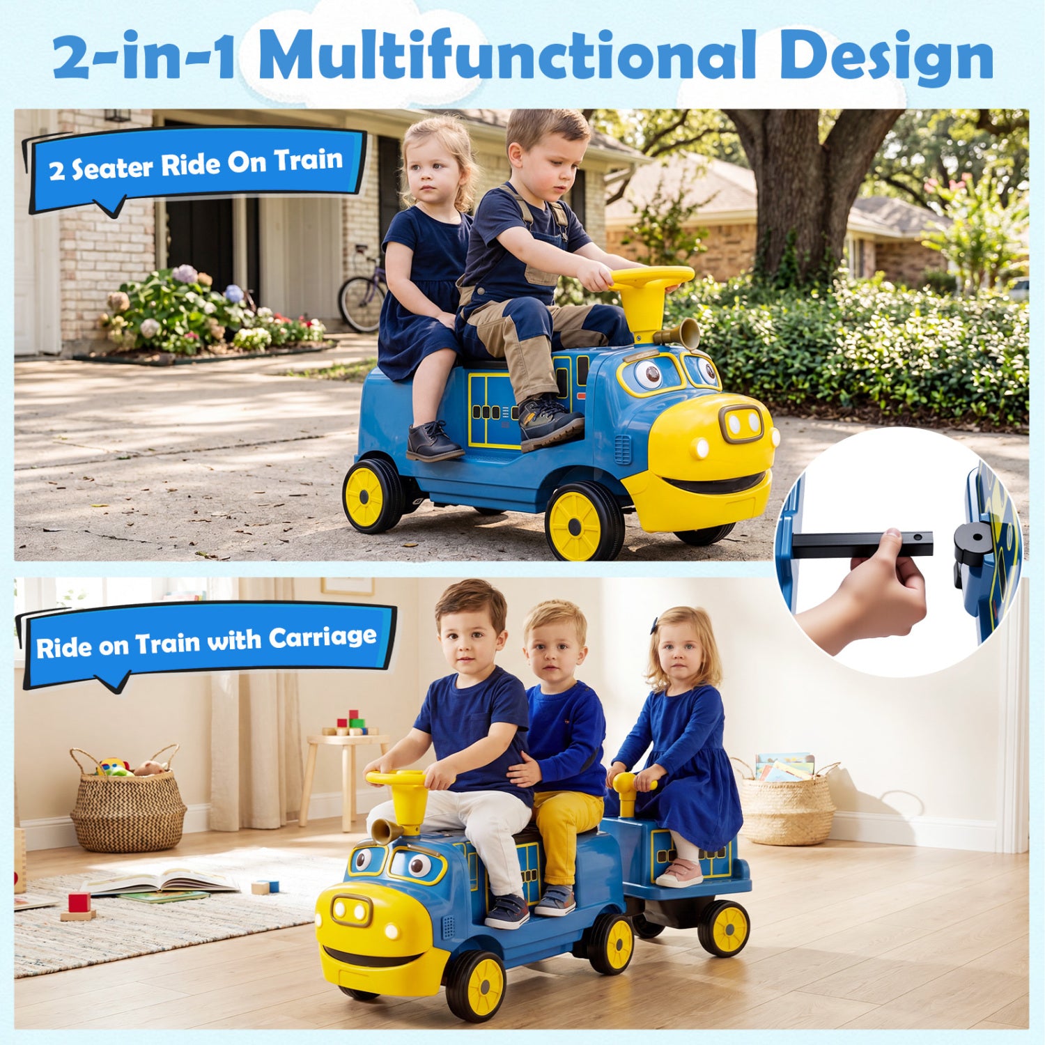 12V Kids Ride on Train 3-Seater with Detachable Carriage Licensed Chuggington-Blue
