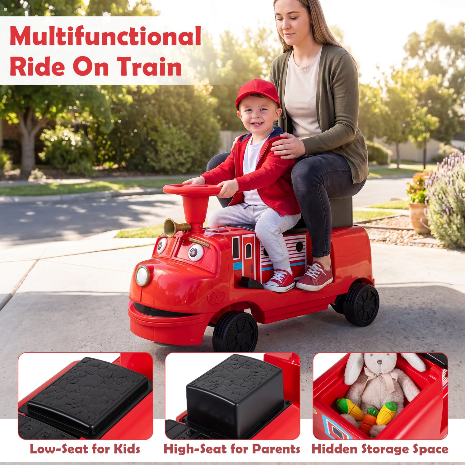 12V Kids Ride on Train 3-Seater with Detachable Carriage Licensed Chuggington-Red