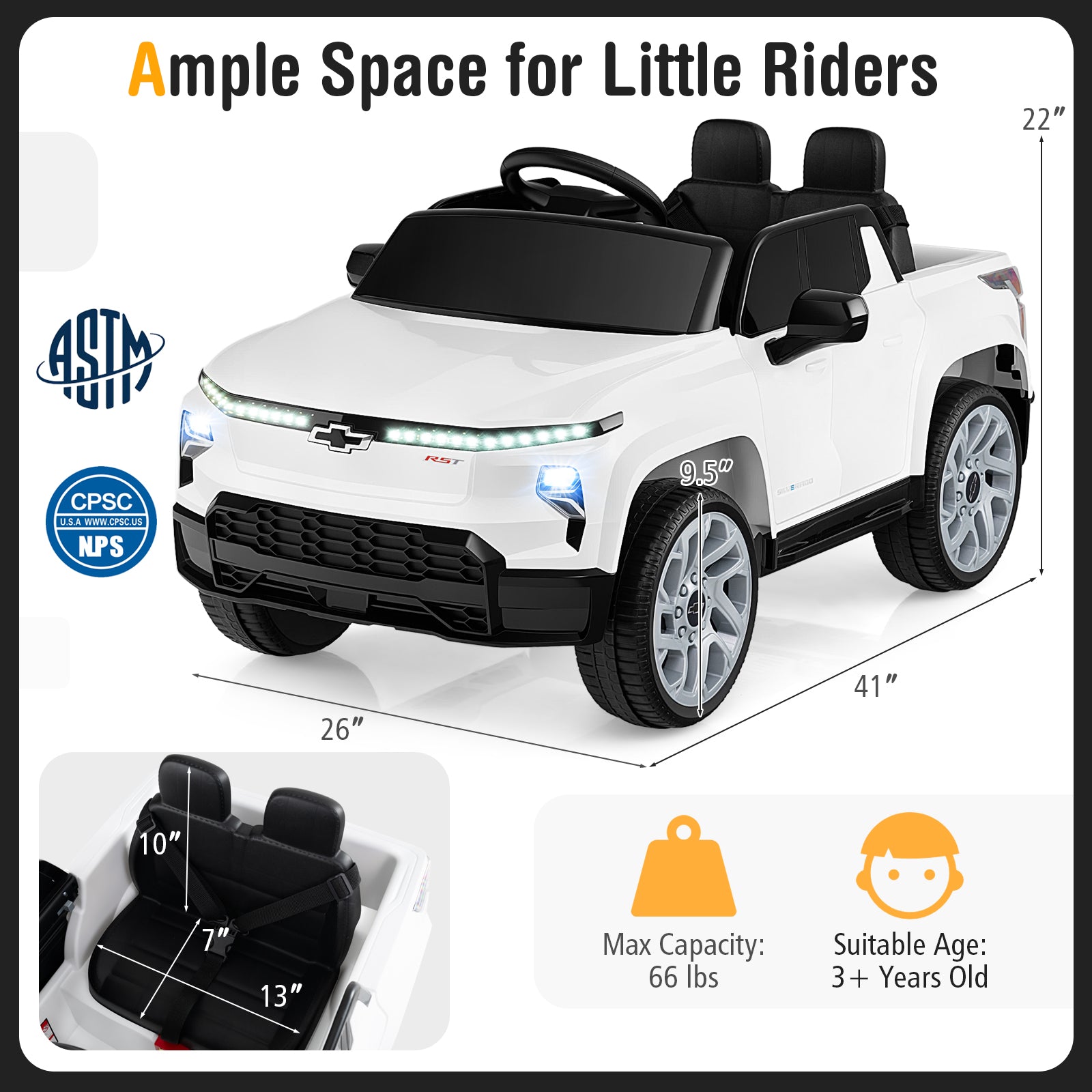 12V Ride on Car Truck Licensed Chevrolet with Remote Control Gift for 3+-White