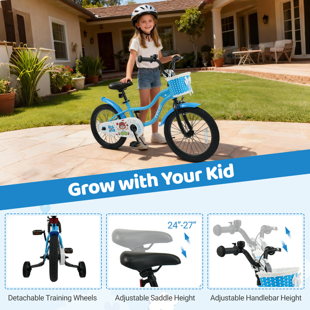 12/14/16/18 Inch Kids Bike with Training Wheels and Basket Navy Color-18 inches