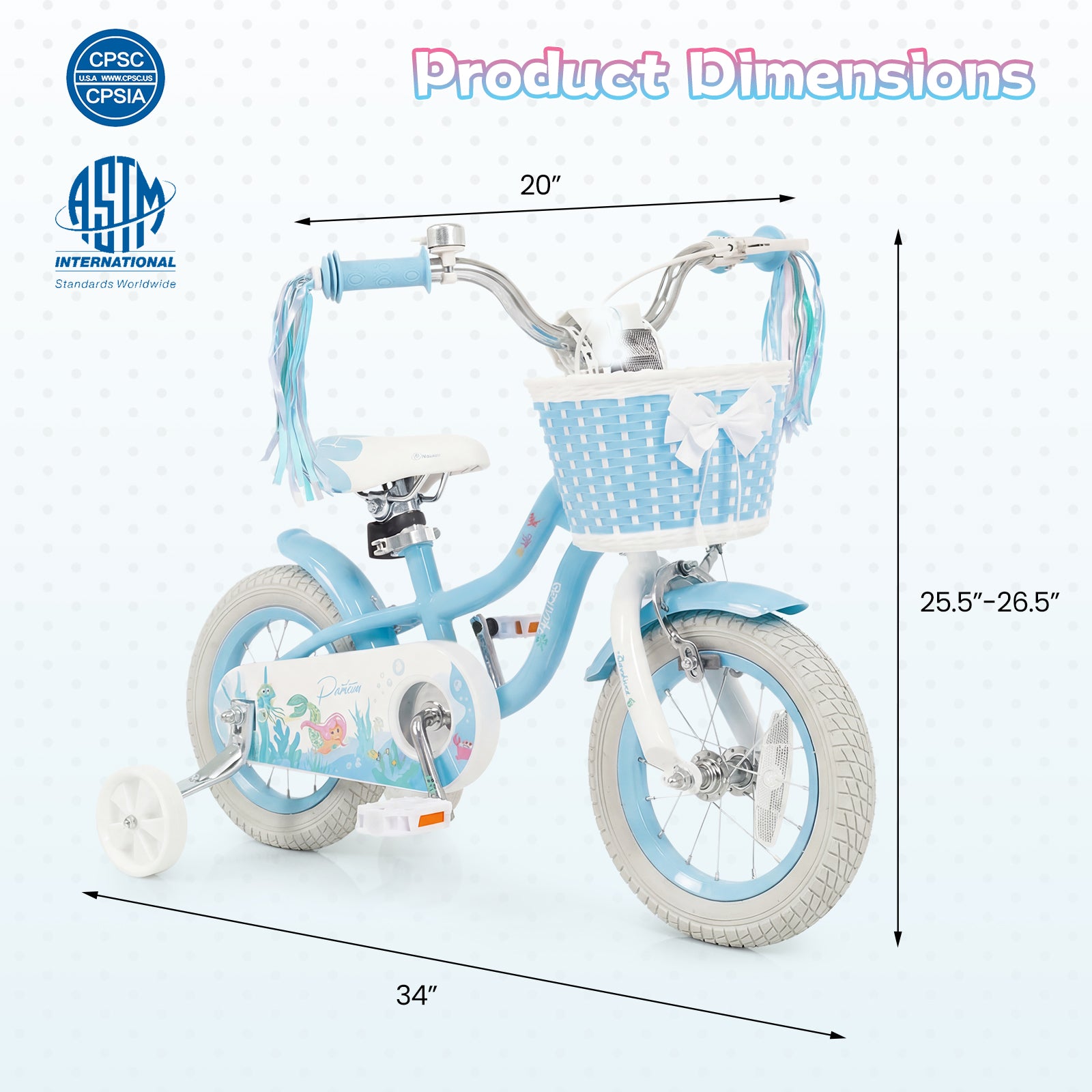 12-20 Inch Kids Bike Adjustable with Basket and Streamers Blue - Princess of the Sea Theme-12 Inch