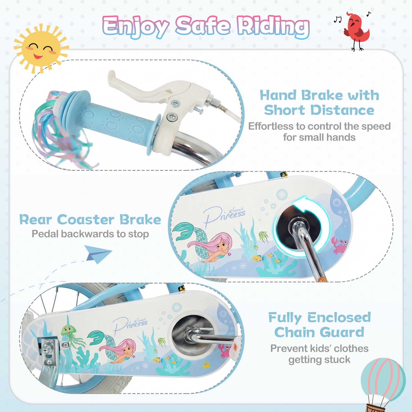 12-20 Inch Kids Bike Adjustable with Basket and Streamers Blue - Princess of the Sea Theme-12 Inch