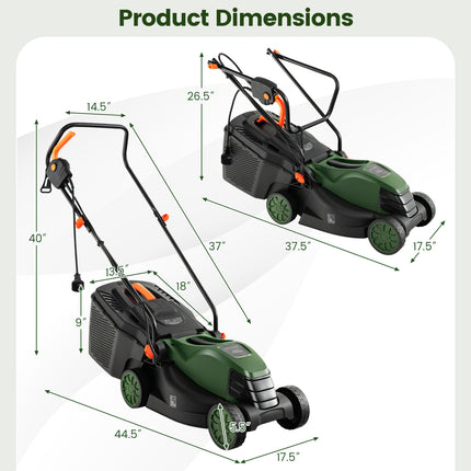12-AMP 13.5 Inch Adjustable Electric Corded Lawn Mower with Collection Box-Green