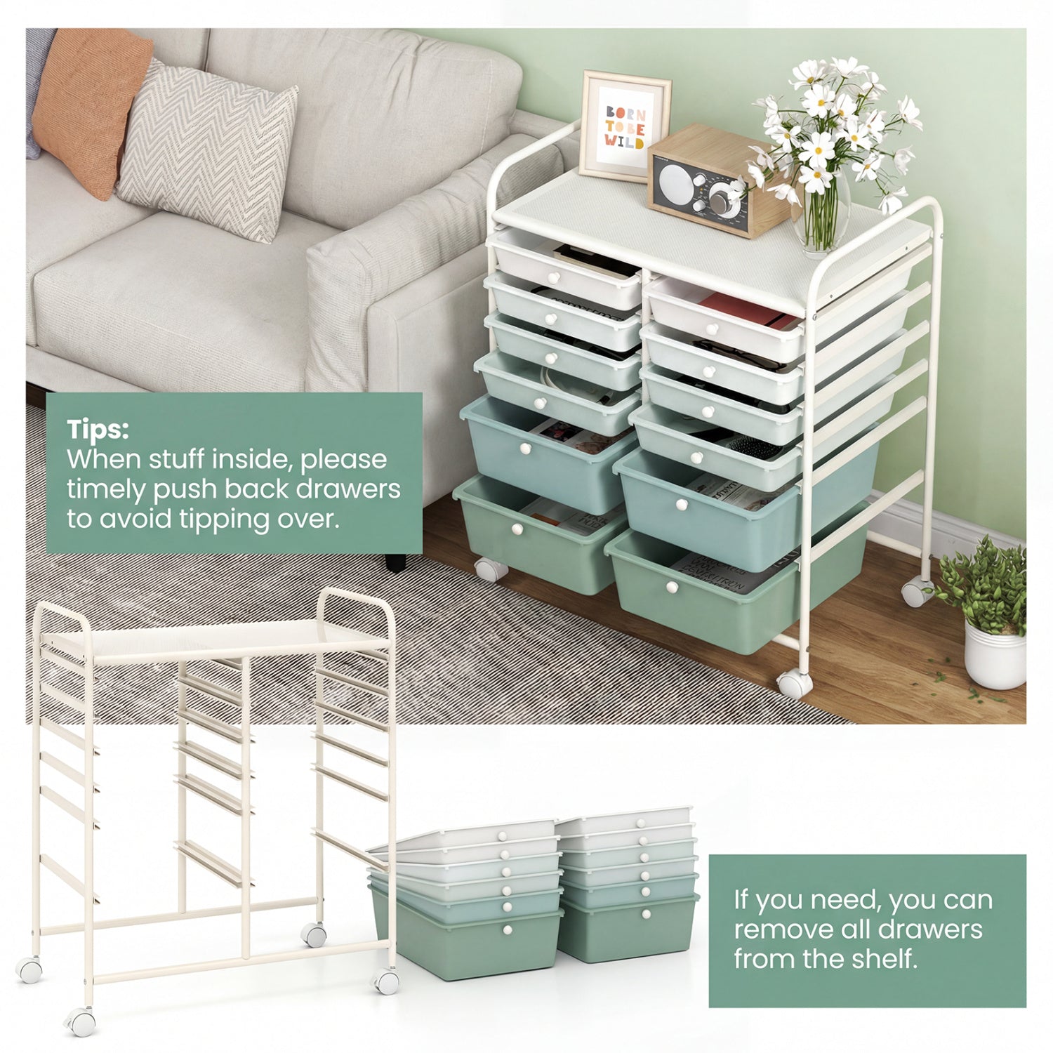 12-Drawer Rolling Storage Cart with Removable Drawers and Lockable Wheels-Green Gradient