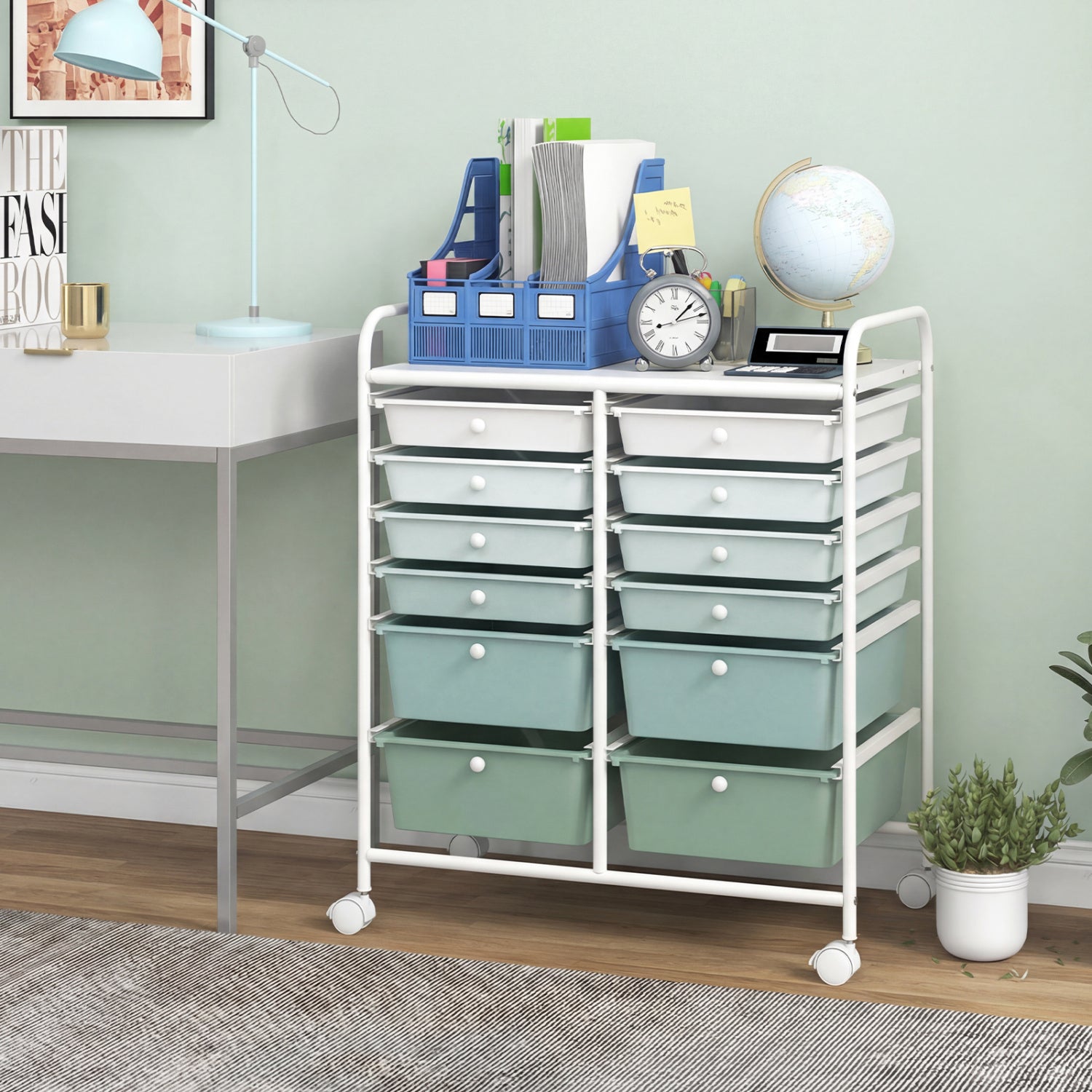 12-Drawer Rolling Storage Cart with Removable Drawers and Lockable Wheels-Green Gradient