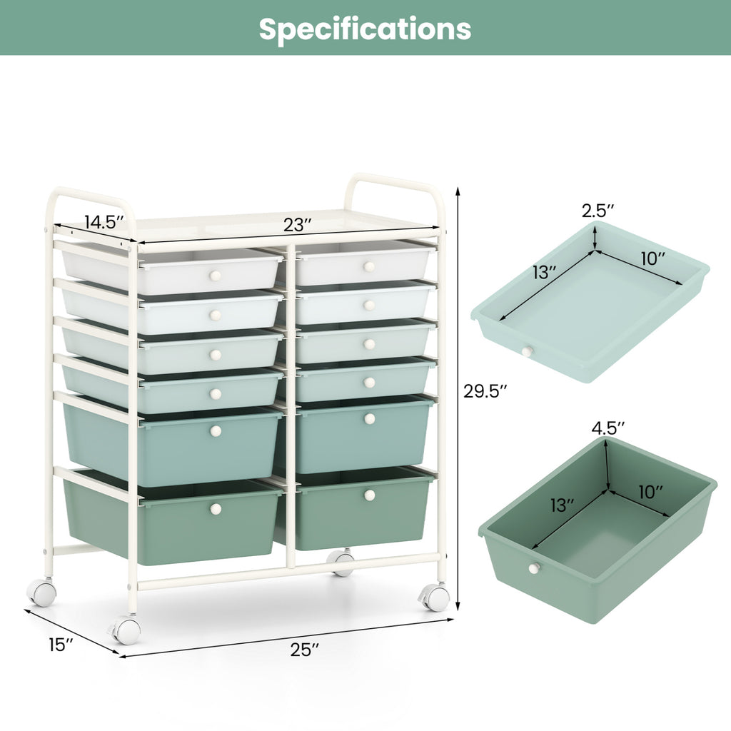 12-Drawer Rolling Storage Cart with Removable Drawers and Lockable Wheels-Green Gradient