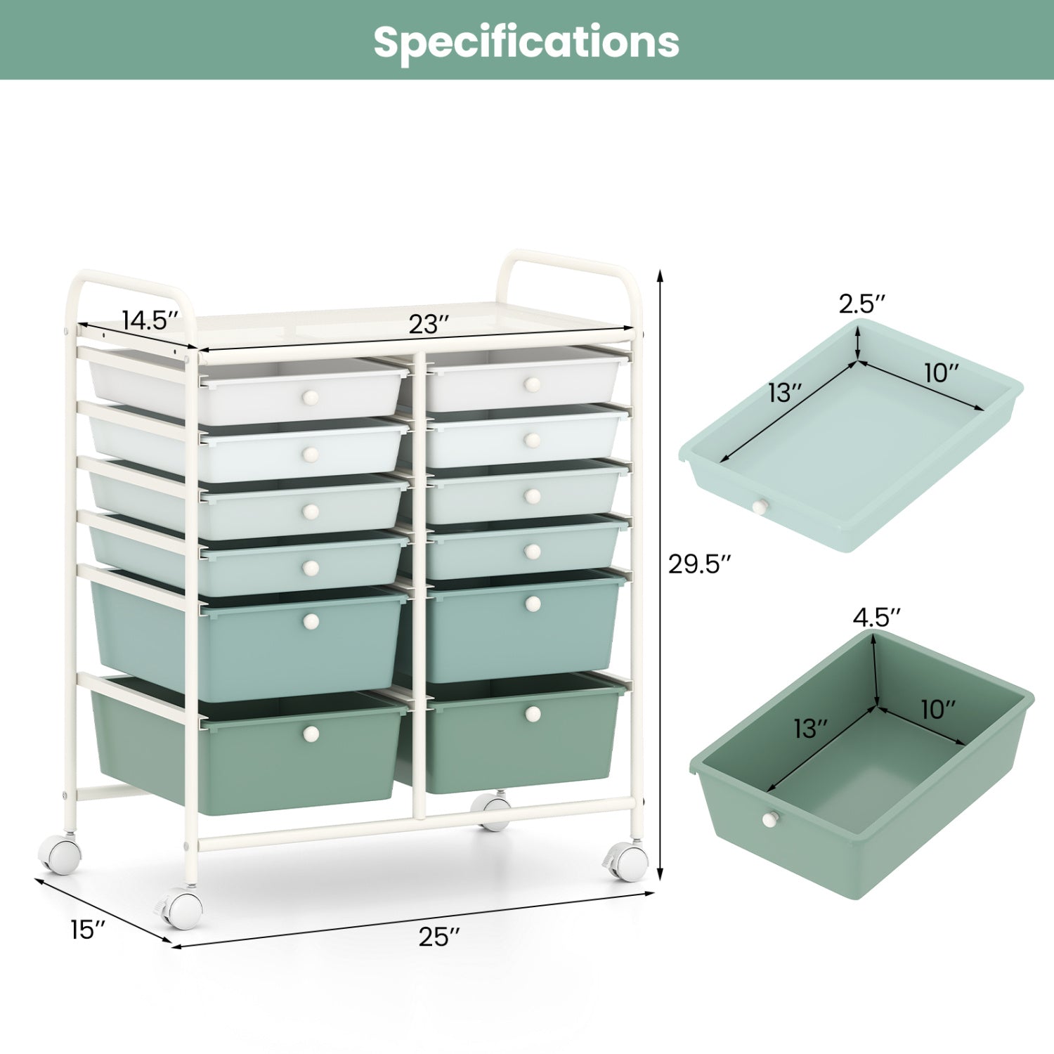 12-Drawer Rolling Storage Cart with Removable Drawers and Lockable Wheels-Green Gradient