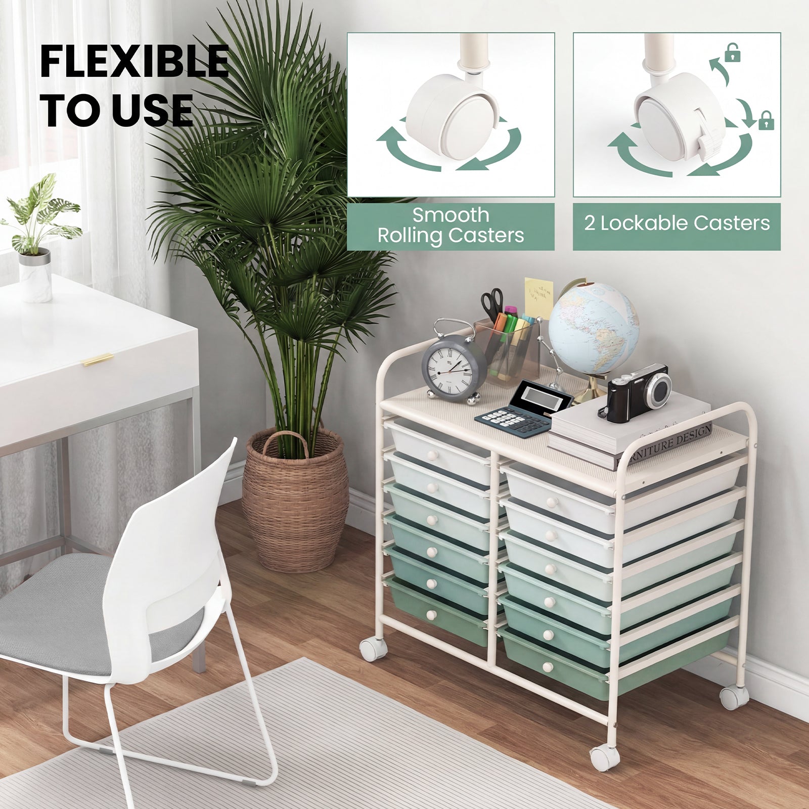 12 Drawers Rolling Storage Cart for Home and Office-Green Gradient