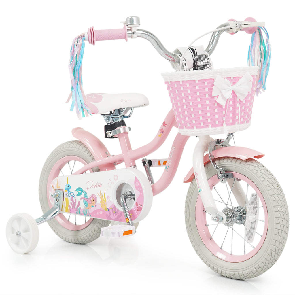 12 Inch Kids Bike Adjustable with Basket and Streamers for Girls Aged 3-4 Years Old Pink