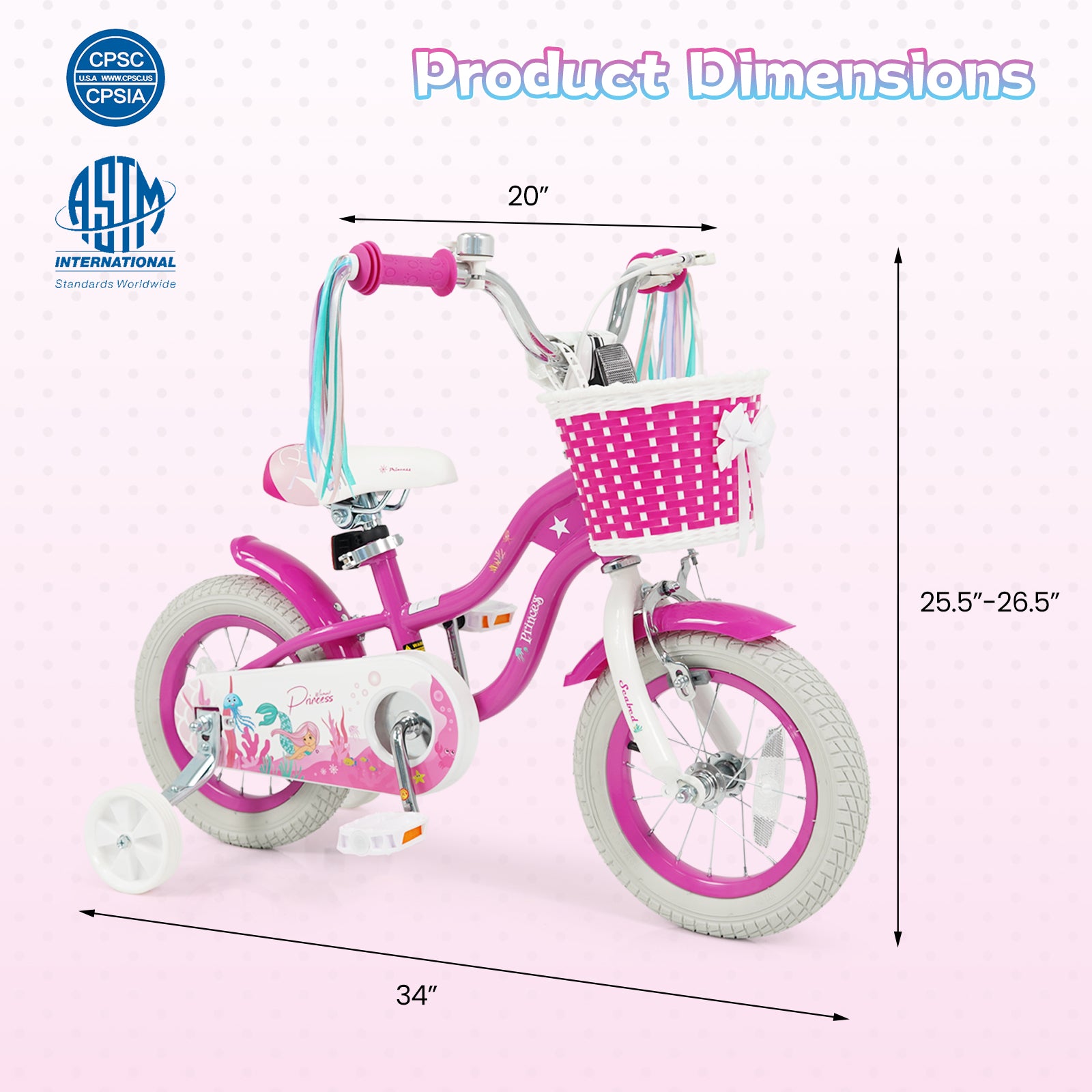 12-Inch Kids Bike Adjustable with Basket and Streamers Rose Red - Princess of the Sea Theme