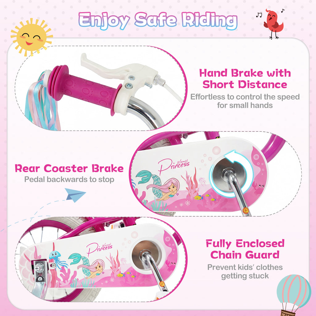 12-Inch Kids Bike Adjustable with Basket and Streamers Rose Red - Princess of the Sea Theme