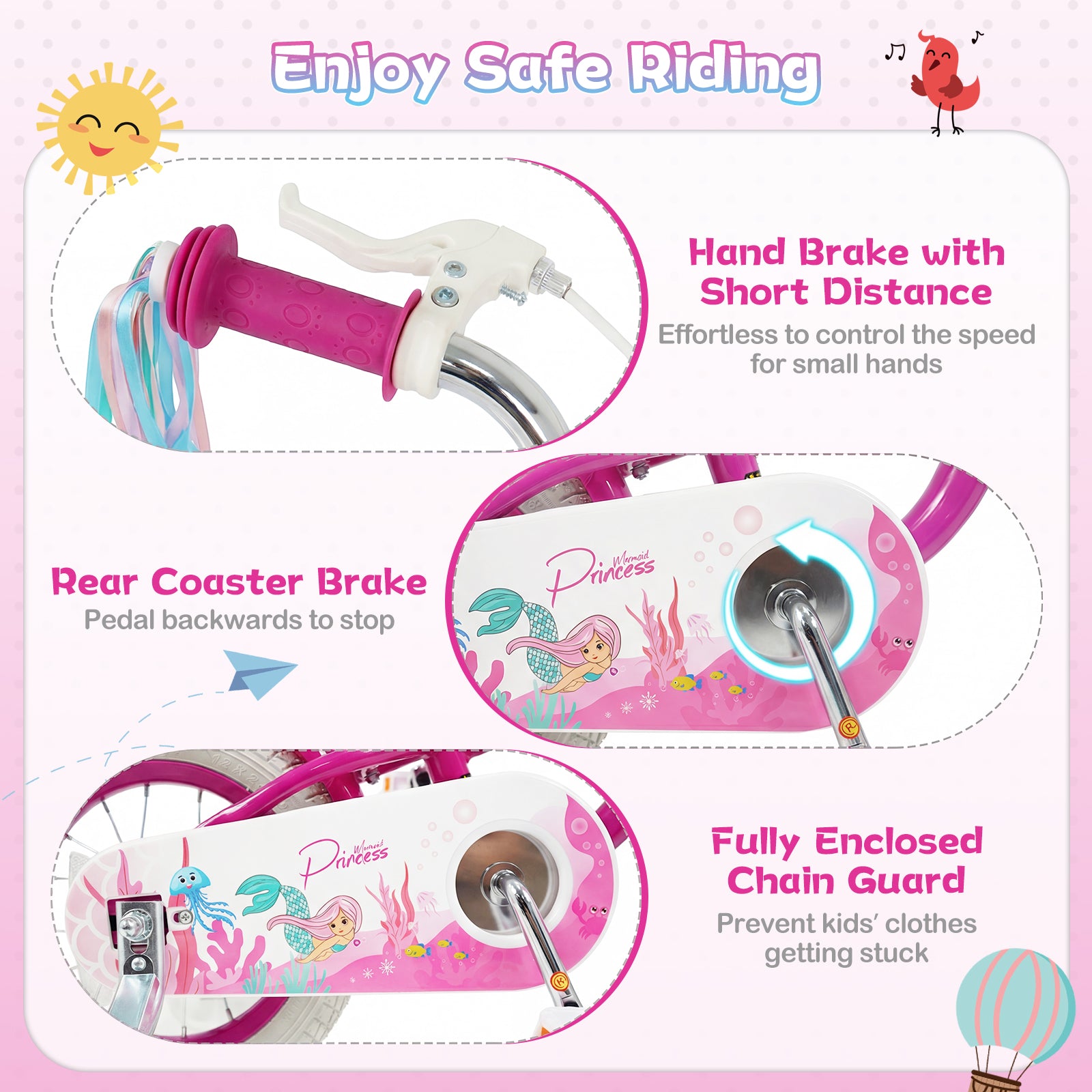 12-Inch Kids Bike Adjustable with Basket and Streamers Rose Red - Princess of the Sea Theme