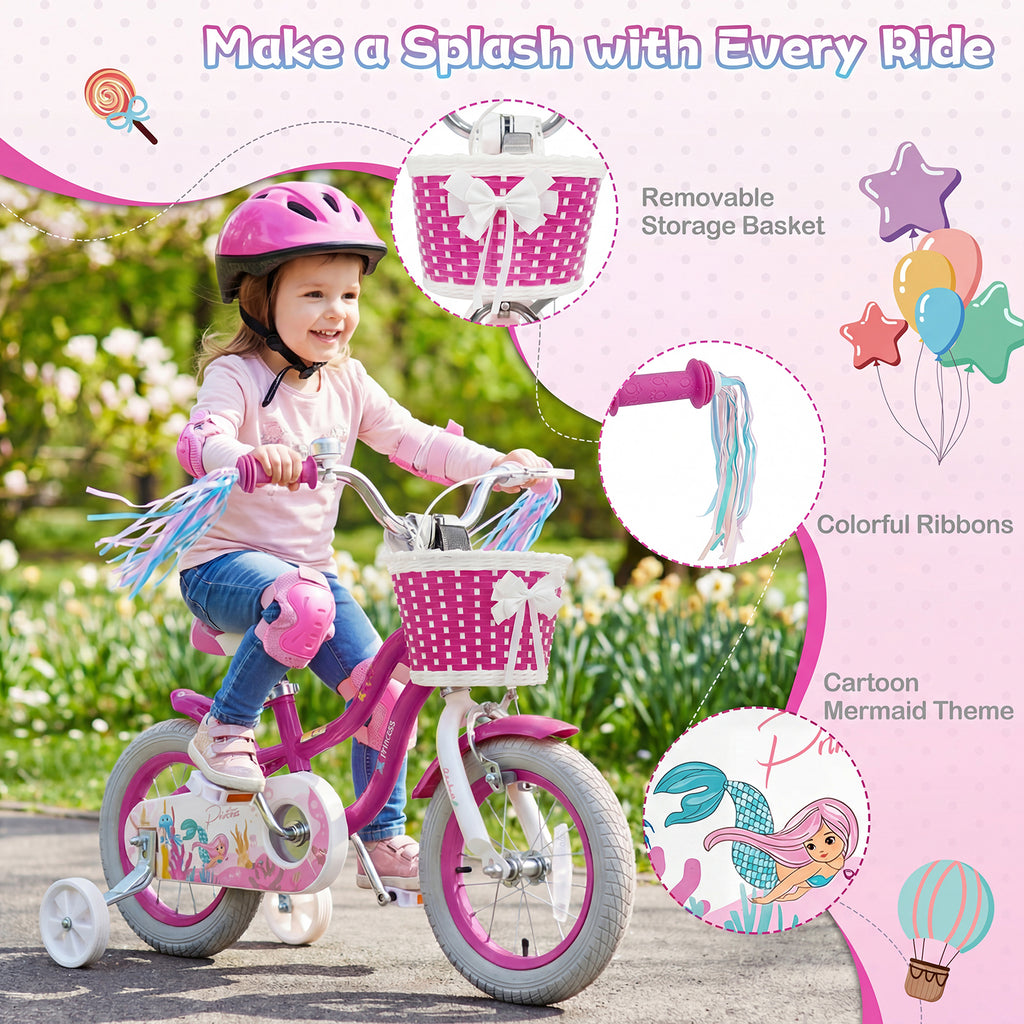 12-Inch Kids Bike Adjustable with Basket and Streamers Rose Red - Princess of the Sea Theme